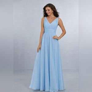 Mori Lee Bridesmaid Chiffon Dress V-Neckline V-Back Sky Blue Size Plus 18
